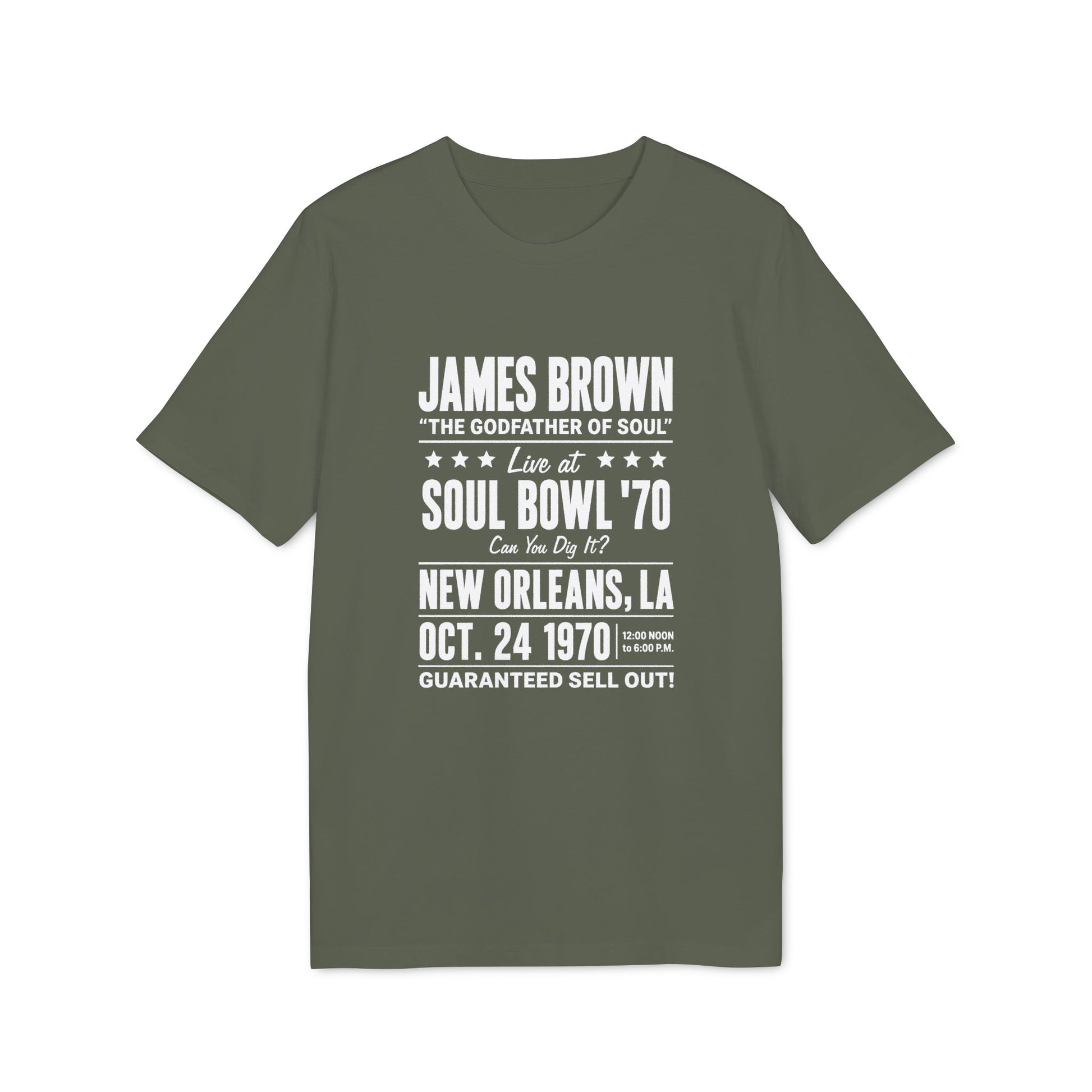 Green t-shirt with James Brown Soul Bowl '70 event details including date and location.