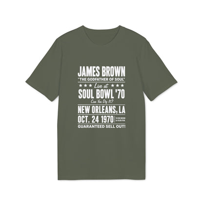 Green t-shirt with James Brown Soul Bowl '70 event details including date and location.