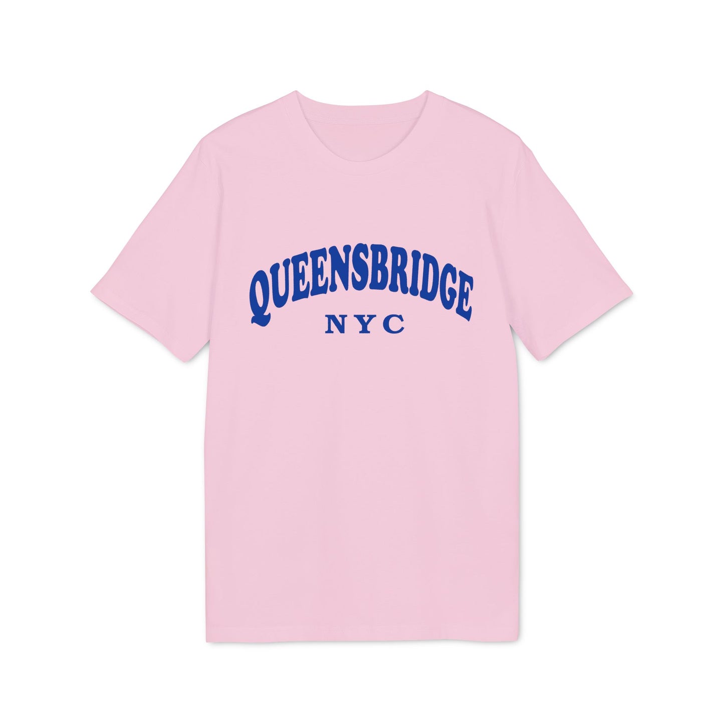 Pink t-shirt with blue "QUEENSBRIDGE NYC" text graphic