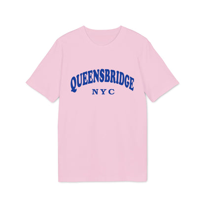 Pink t-shirt with blue "QUEENSBRIDGE NYC" text graphic