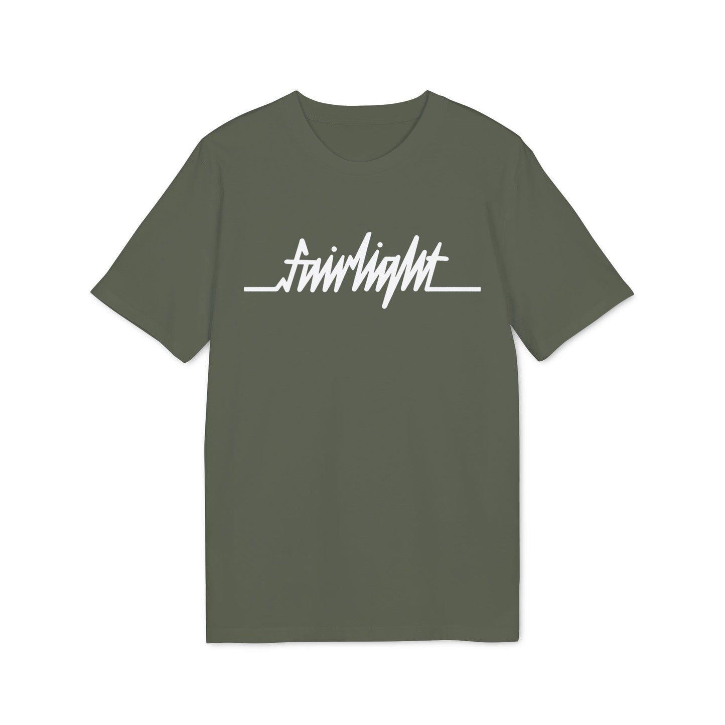 Green t-shirt with white "fairlight" text and horizontal line design.