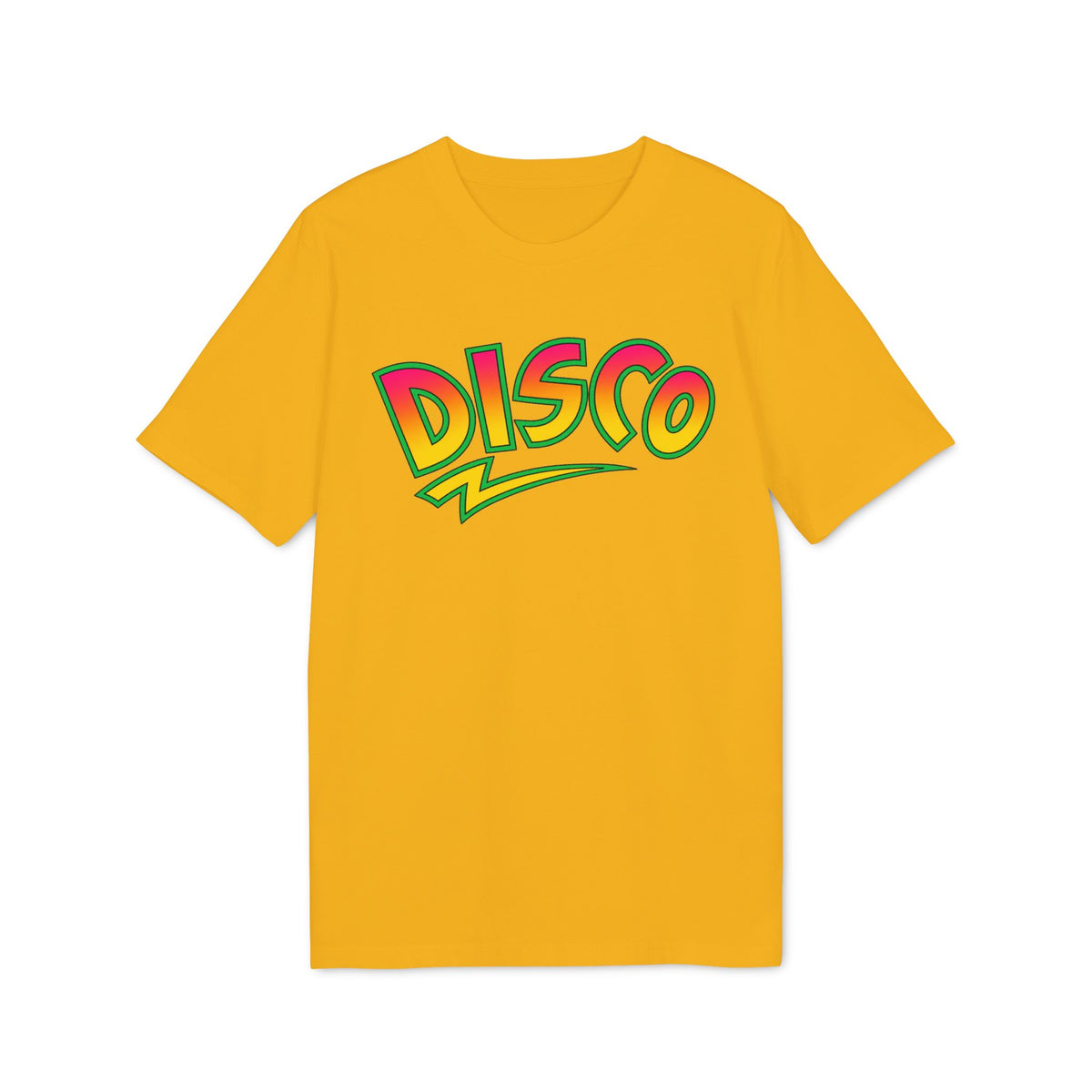 Yellow t-shirt with "Disco" in a retro, colorful font.