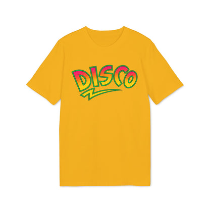 Yellow t-shirt with "Disco" in a retro, colorful font.