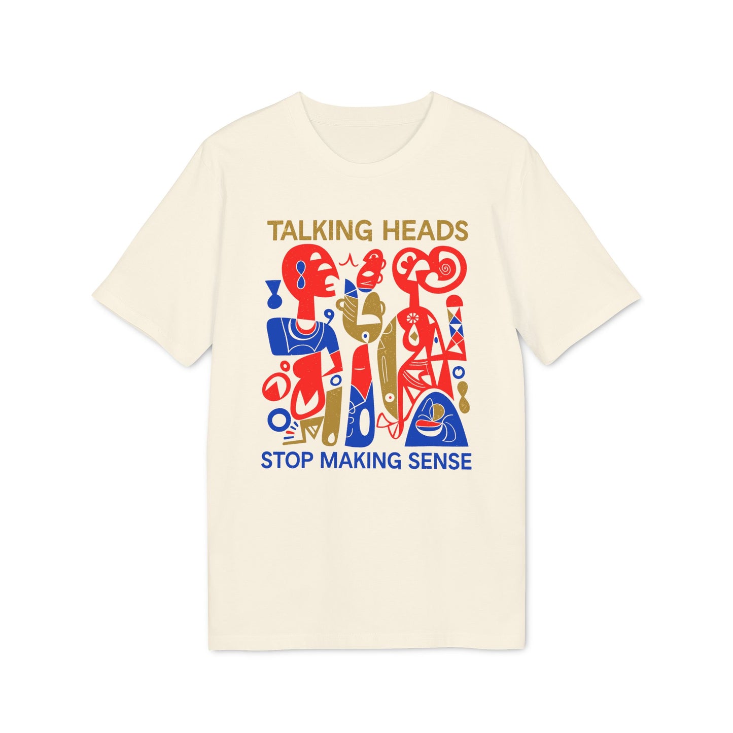 Cream t-shirt with Talking Heads Stop Making Sense graphic in red, blue, and gold.