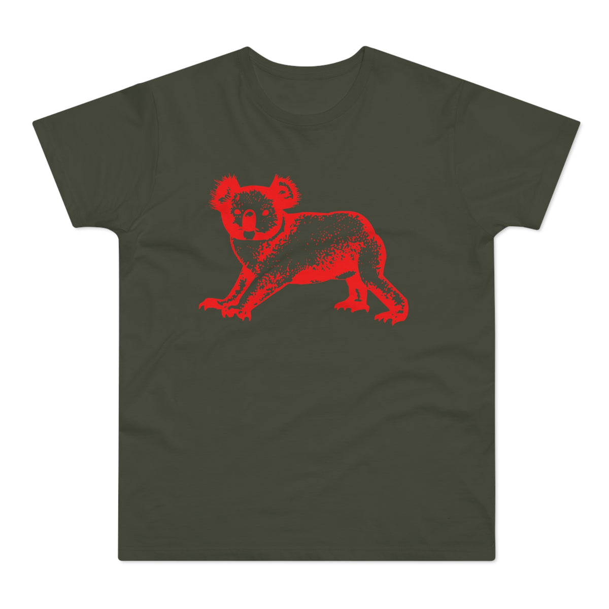 Dark green t-shirt with a red koala graphic across the chest.