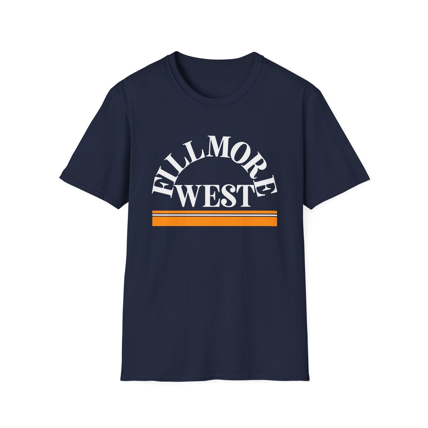 Navy t-shirt with "Fillmore West" text and orange stripes.