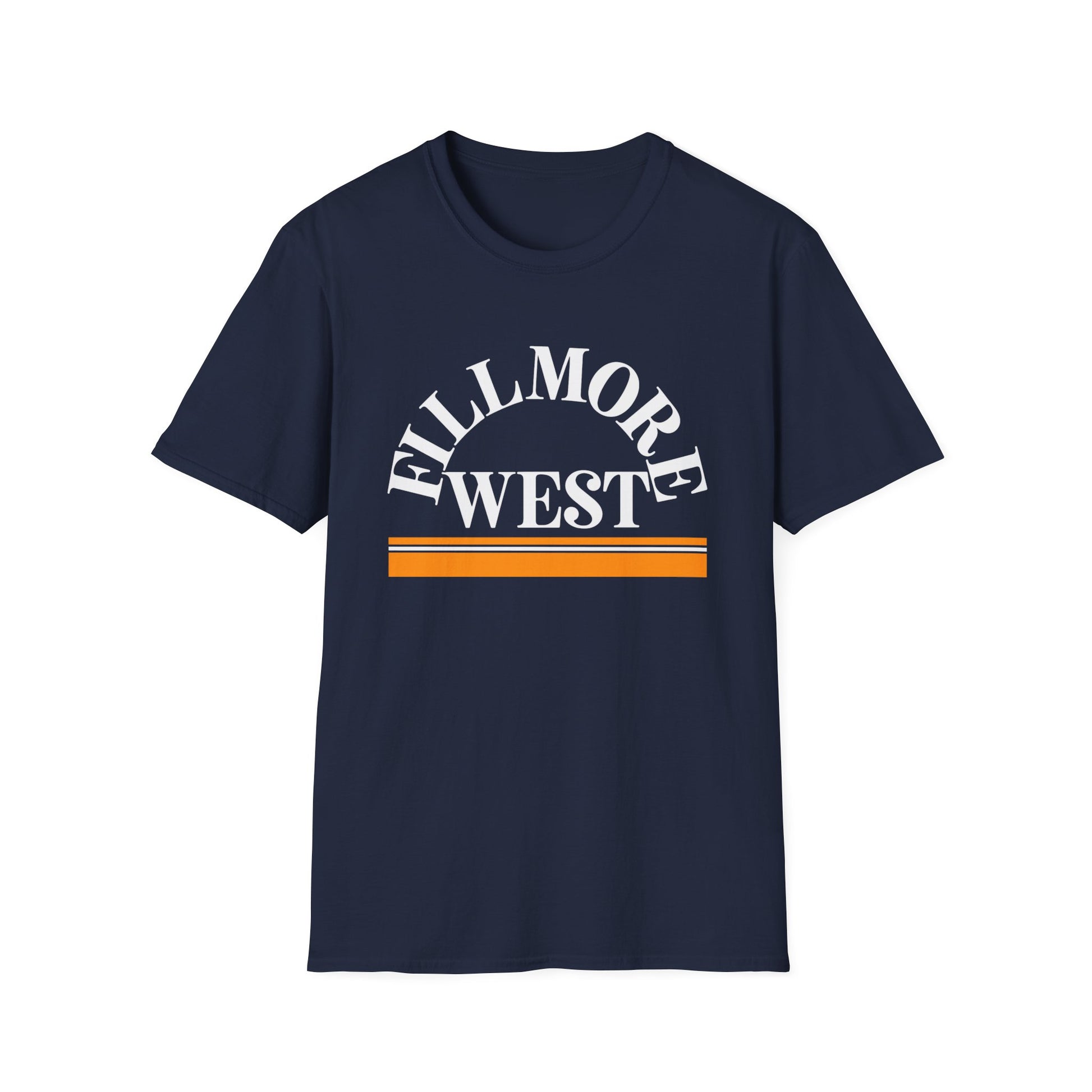 Navy t-shirt with "Fillmore West" text and orange stripes.