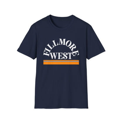 Navy t-shirt with "Fillmore West" text and orange stripes.