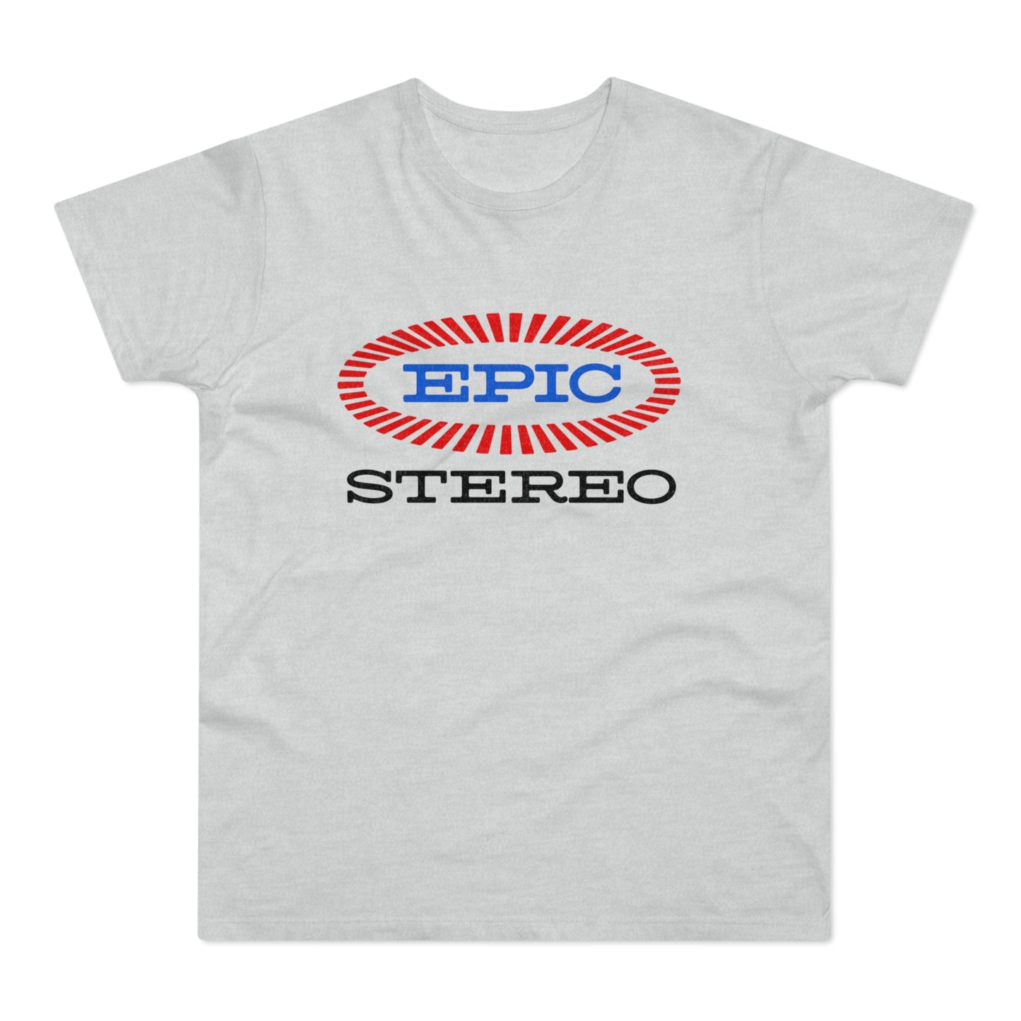 Light grey t-shirt with red and blue "EPIC STEREO" oval logo.