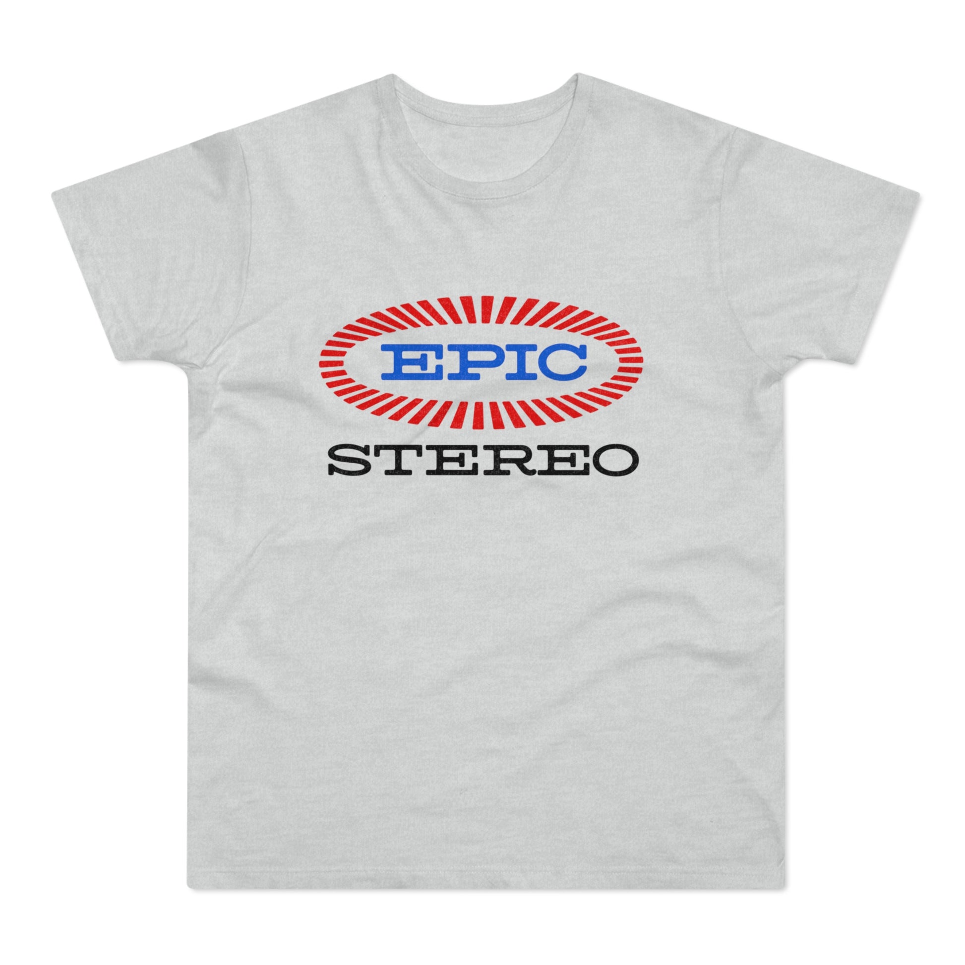 Light grey t-shirt with red and blue "EPIC STEREO" oval logo.