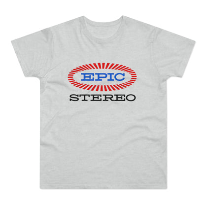 Light grey t-shirt with red and blue "EPIC STEREO" oval logo.
