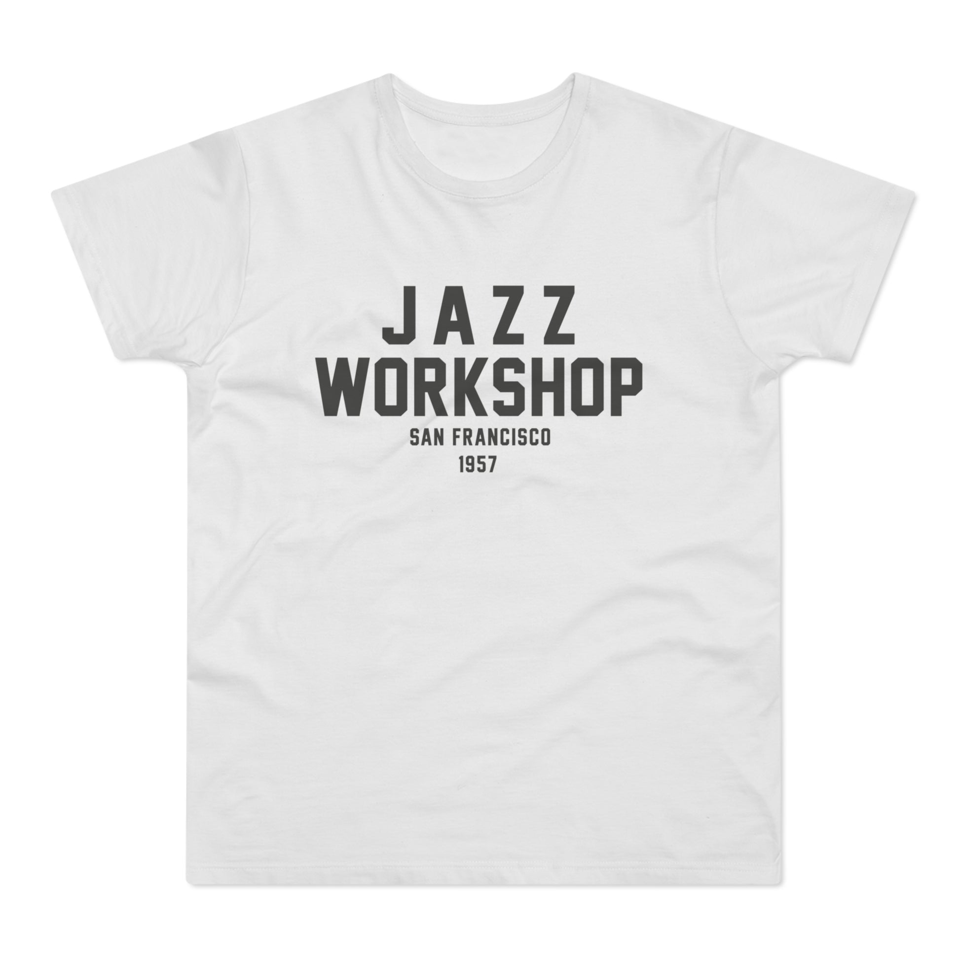 White t-shirt with "Jazz Workshop San Francisco 1957" printed in black.