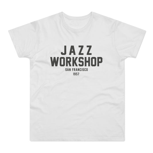 White t-shirt with "Jazz Workshop San Francisco 1957" printed in black.