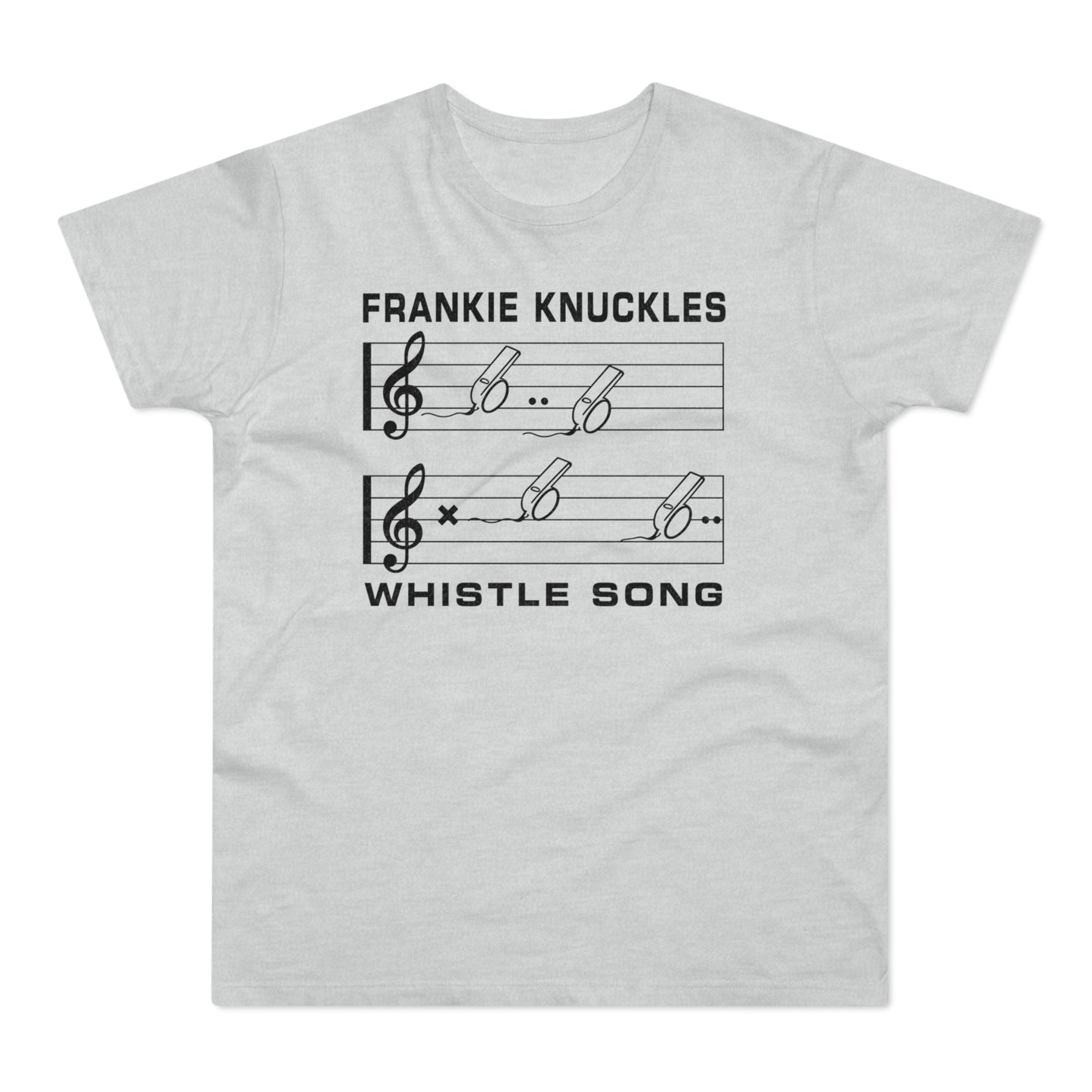 Frankie Knuckles Whistle Song graphic with musical notes and whistles.