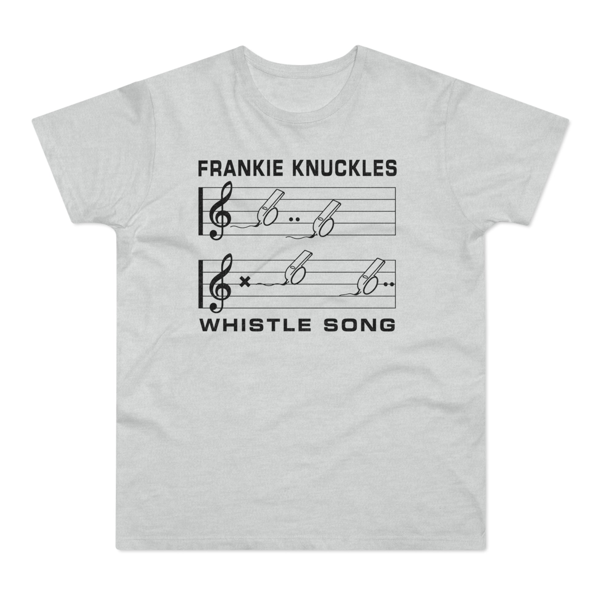 Frankie Knuckles Whistle Song graphic with musical notes and whistles.