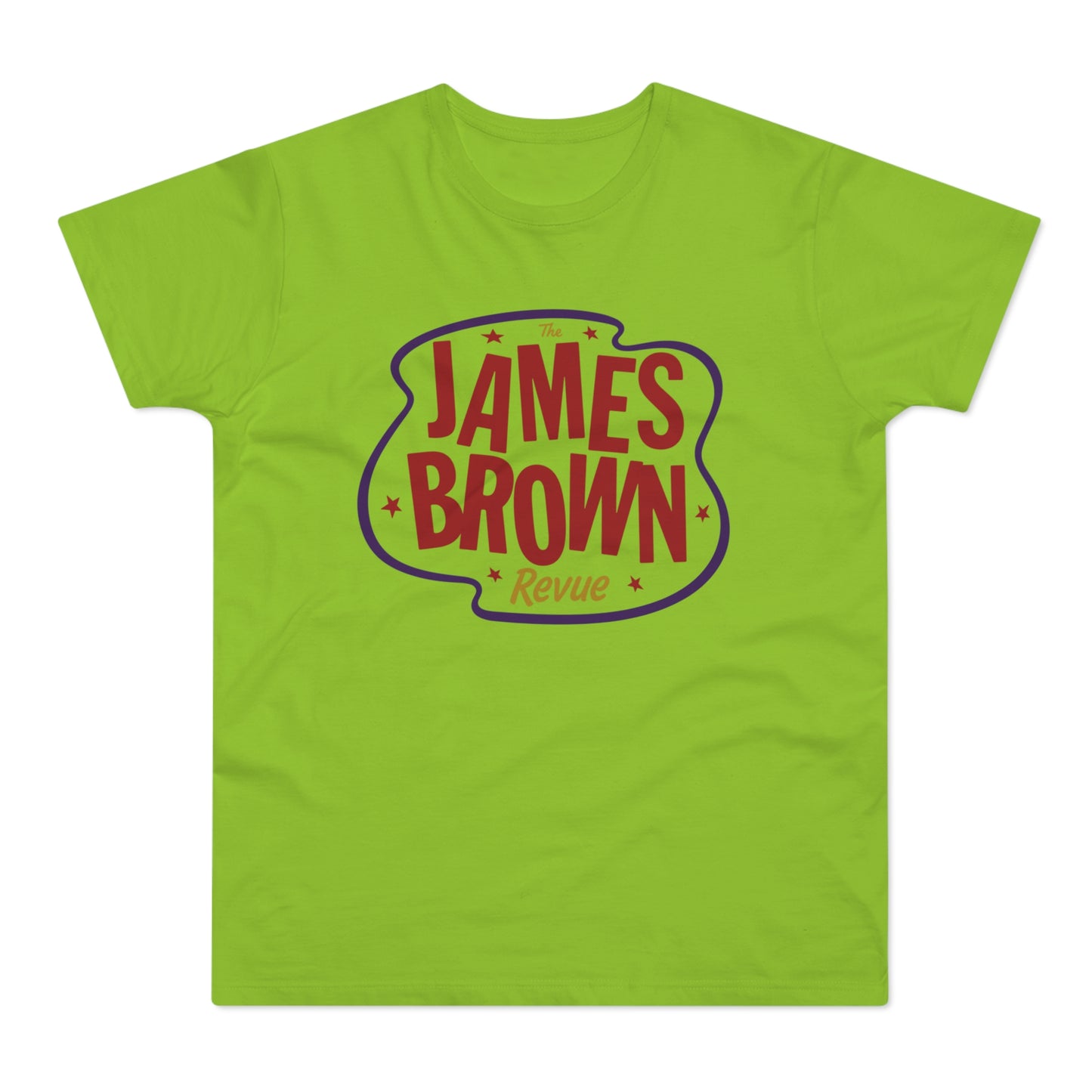 Lime green t-shirt with red and purple "The James Brown Revue" text logo.