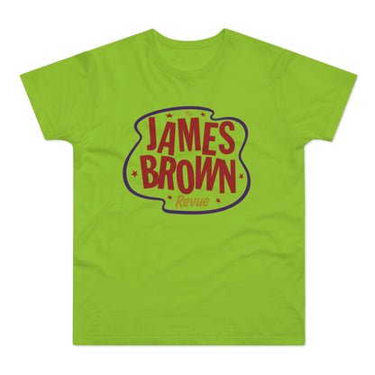 Lime green t-shirt with red and purple "The James Brown Revue" text logo.