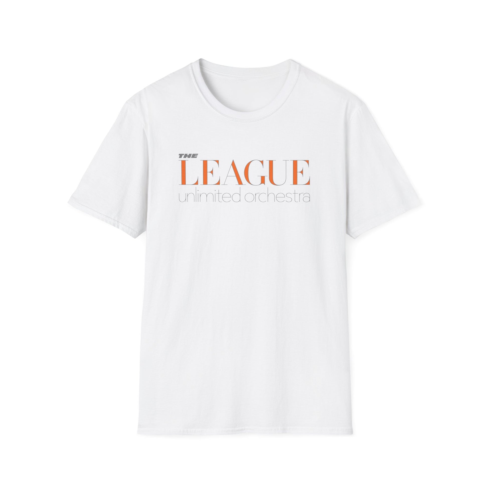 White t-shirt with orange text "THE LEAGUE unlimited orchestra" on the front.
