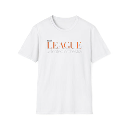 White t-shirt with orange text "THE LEAGUE unlimited orchestra" on the front.