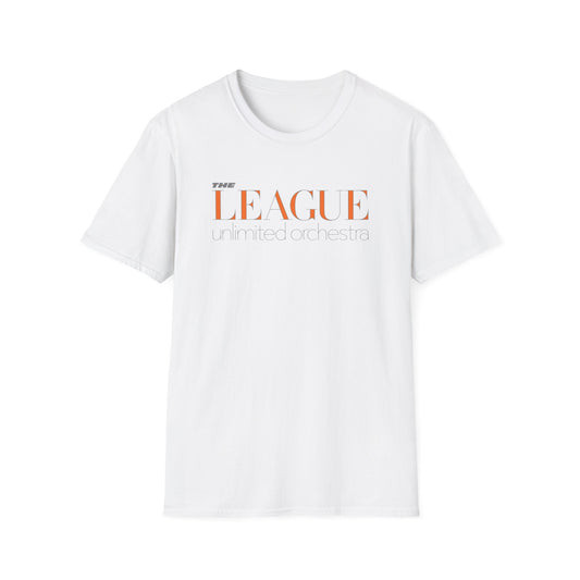 White t-shirt with orange text "THE LEAGUE unlimited orchestra" on the front.
