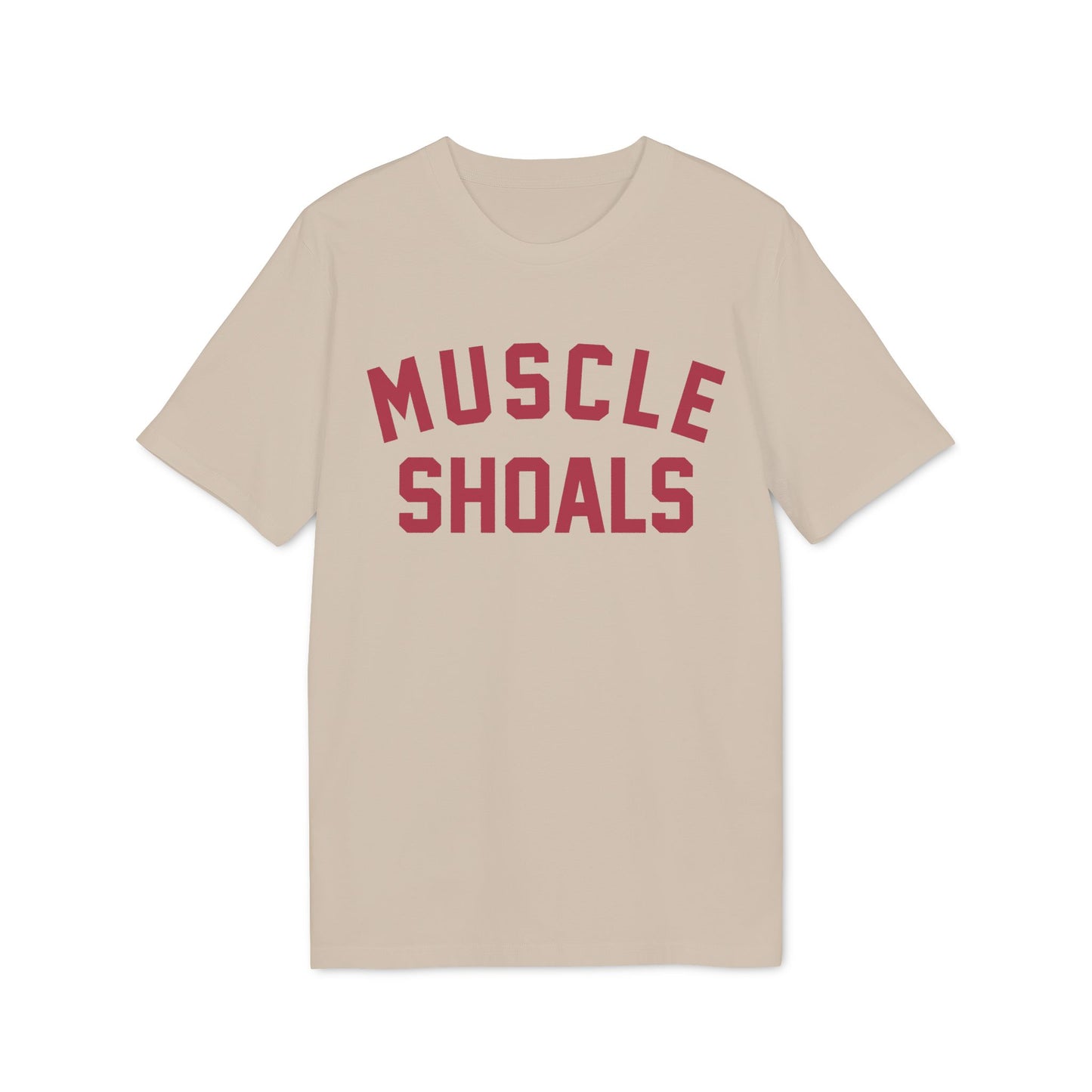Tan t-shirt with red "MUSCLE SHOALS" text.