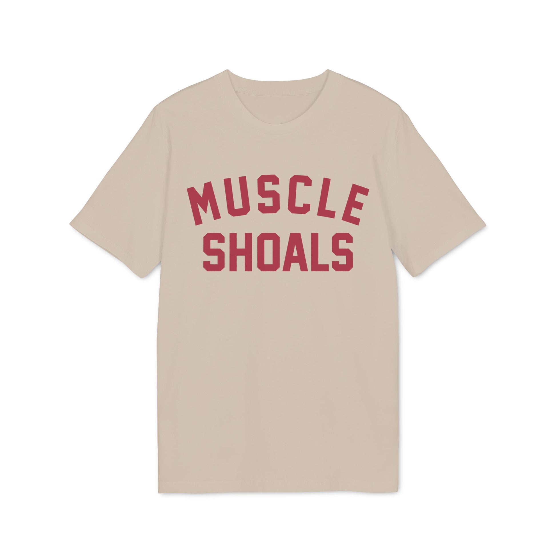 Tan t-shirt with red "MUSCLE SHOALS" text.