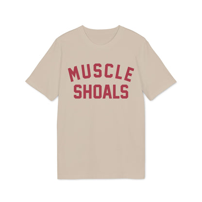 Tan t-shirt with red "MUSCLE SHOALS" text.