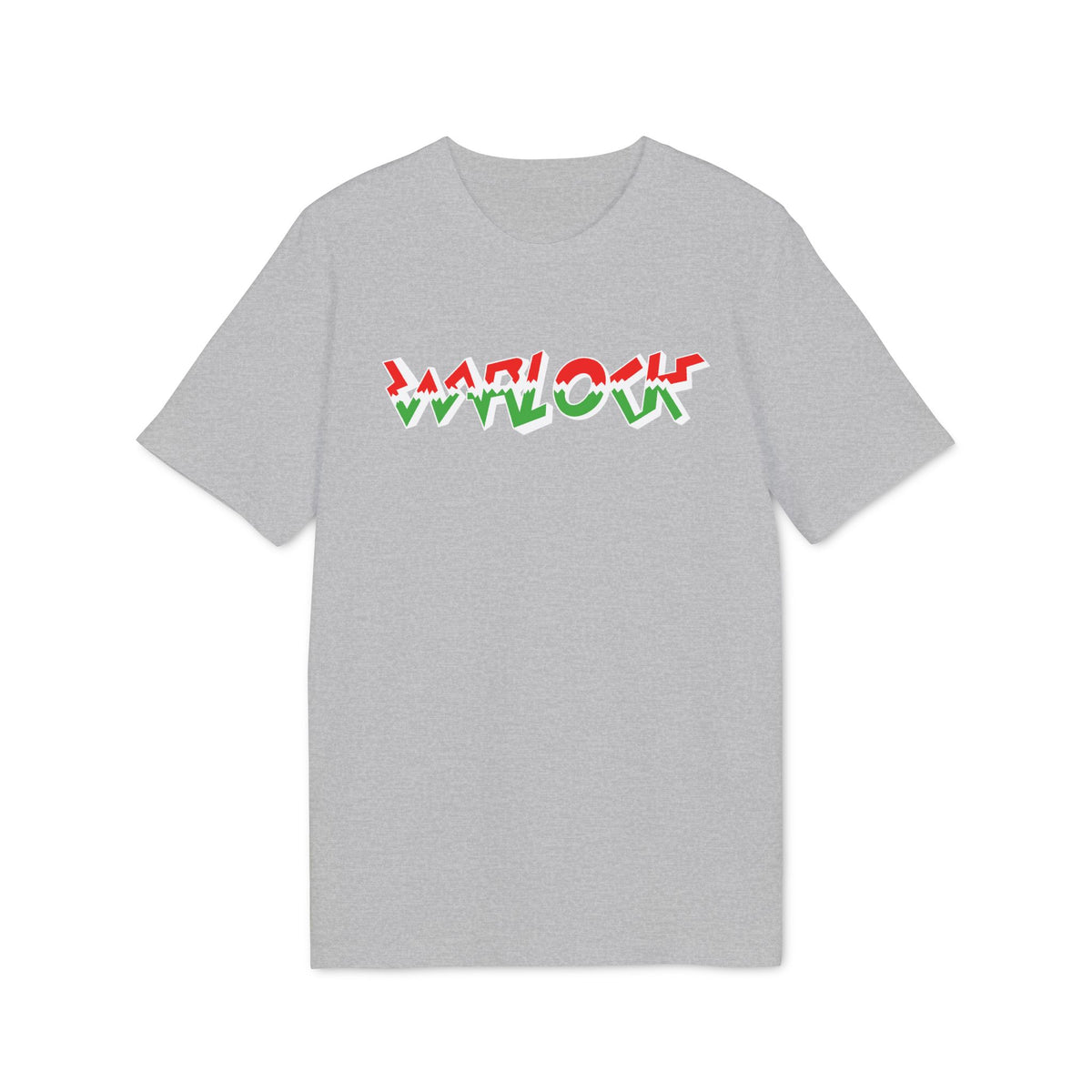 Grey t-shirt with the word WARLOCK in red and green zigzag pattern.