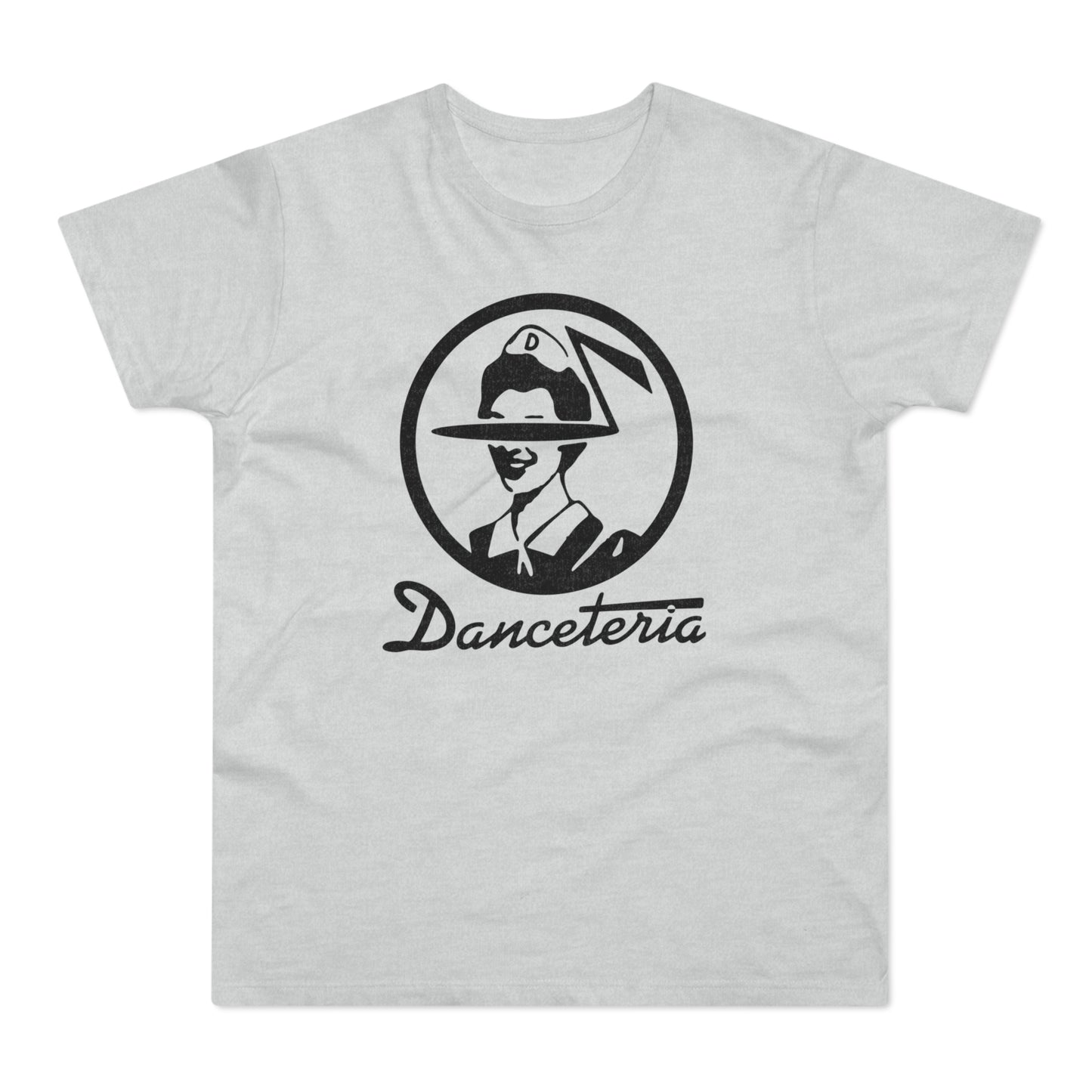 Light gray t-shirt with black graphic of a person in a hat and the word "Danceteria".