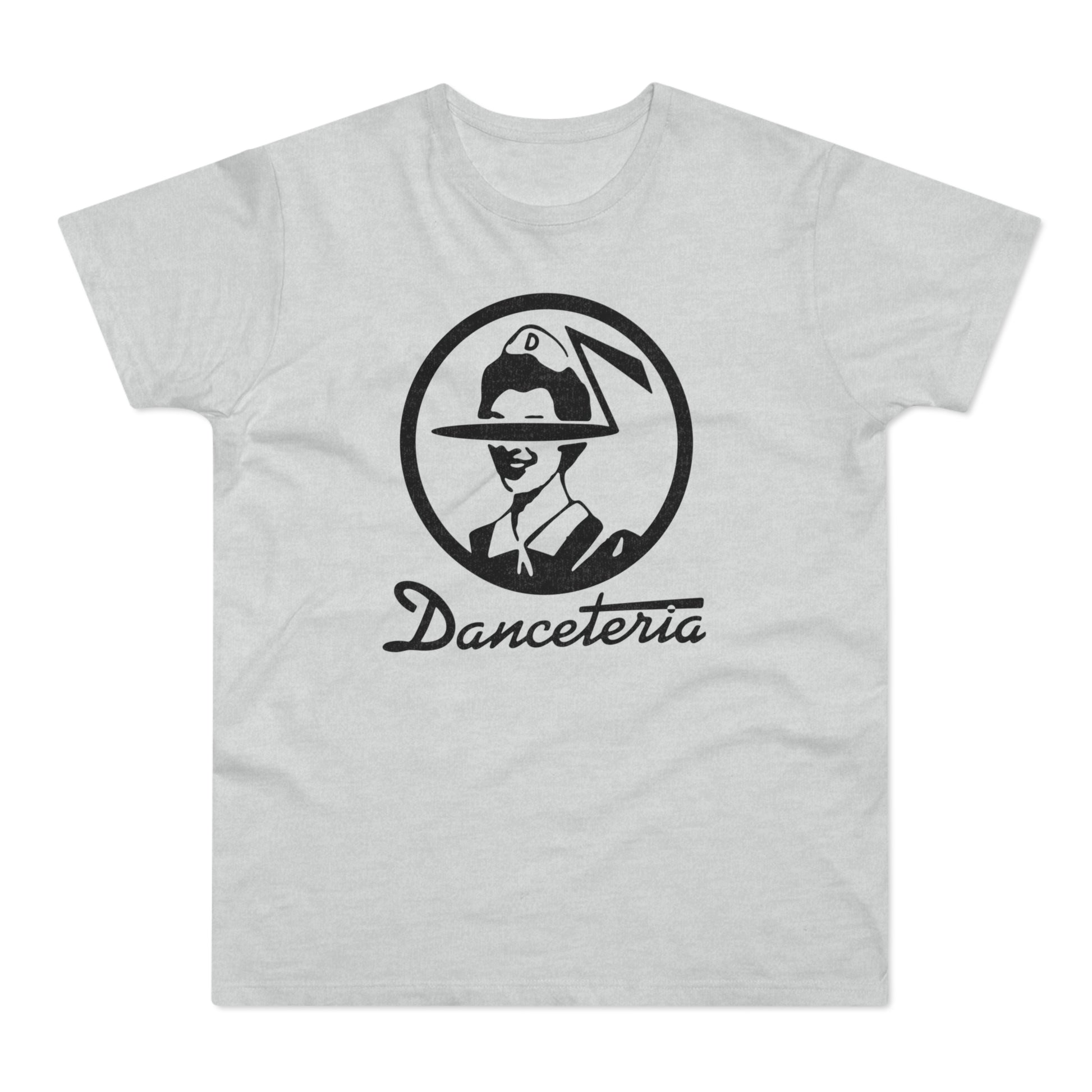 Light gray t-shirt with black graphic of a person in a hat and the word "Danceteria".