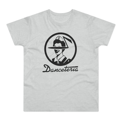 Light gray t-shirt with black graphic of a person in a hat and the word "Danceteria".