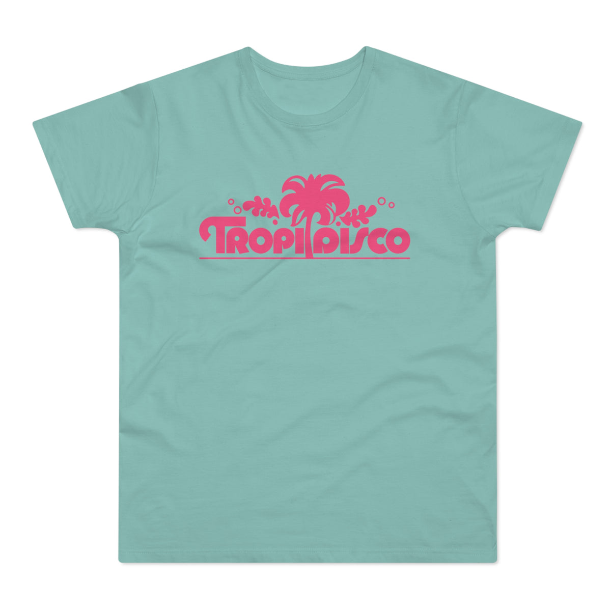 Teal t-shirt with pink "Tropi Disco" text and palm tree graphic.