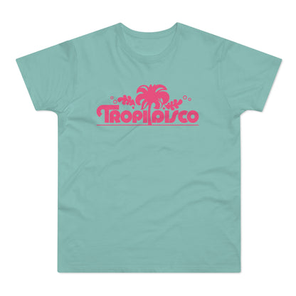 Teal t-shirt with pink "Tropi Disco" text and palm tree graphic.