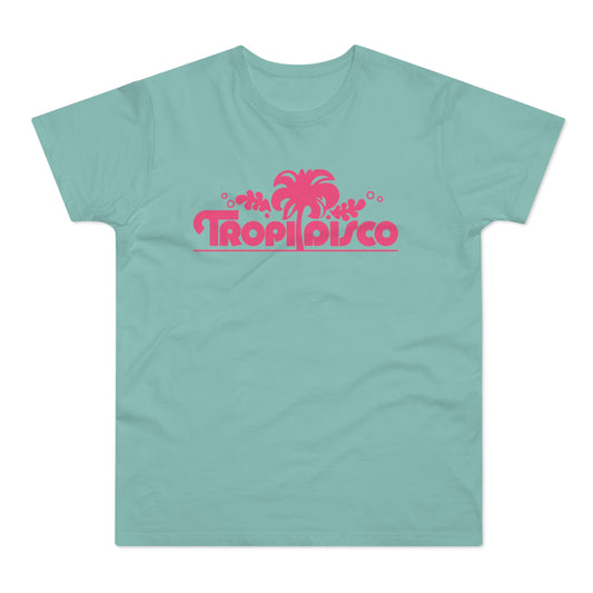 Teal t-shirt with pink "Tropi Disco" text and palm tree graphic.