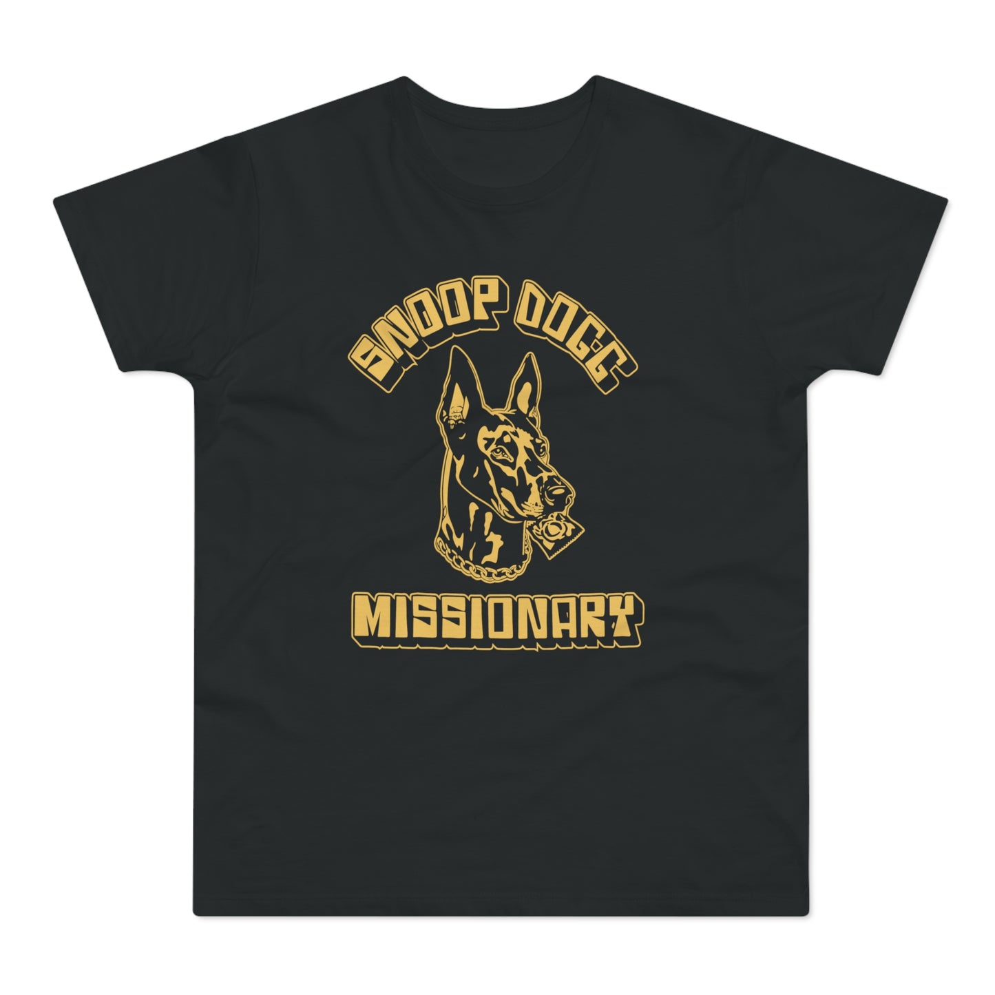 Black T-shirt with "Snoop Dogg" and a dog holding a condom, and "Missionary" text.
