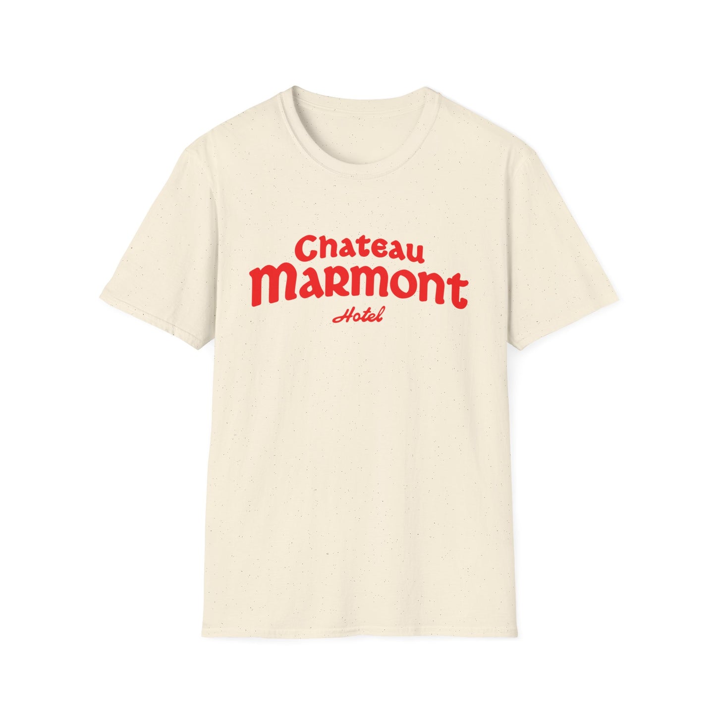 Cream t-shirt with red "Chateau Marmont Hotel" text.