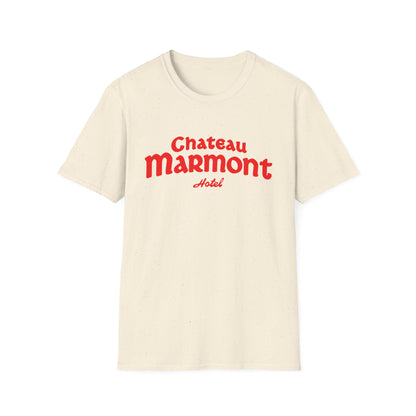 Cream t-shirt with red "Chateau Marmont Hotel" text.