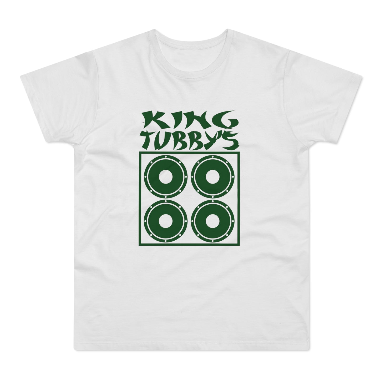 White t-shirt with green text "King Tubbys" and four speaker icons.