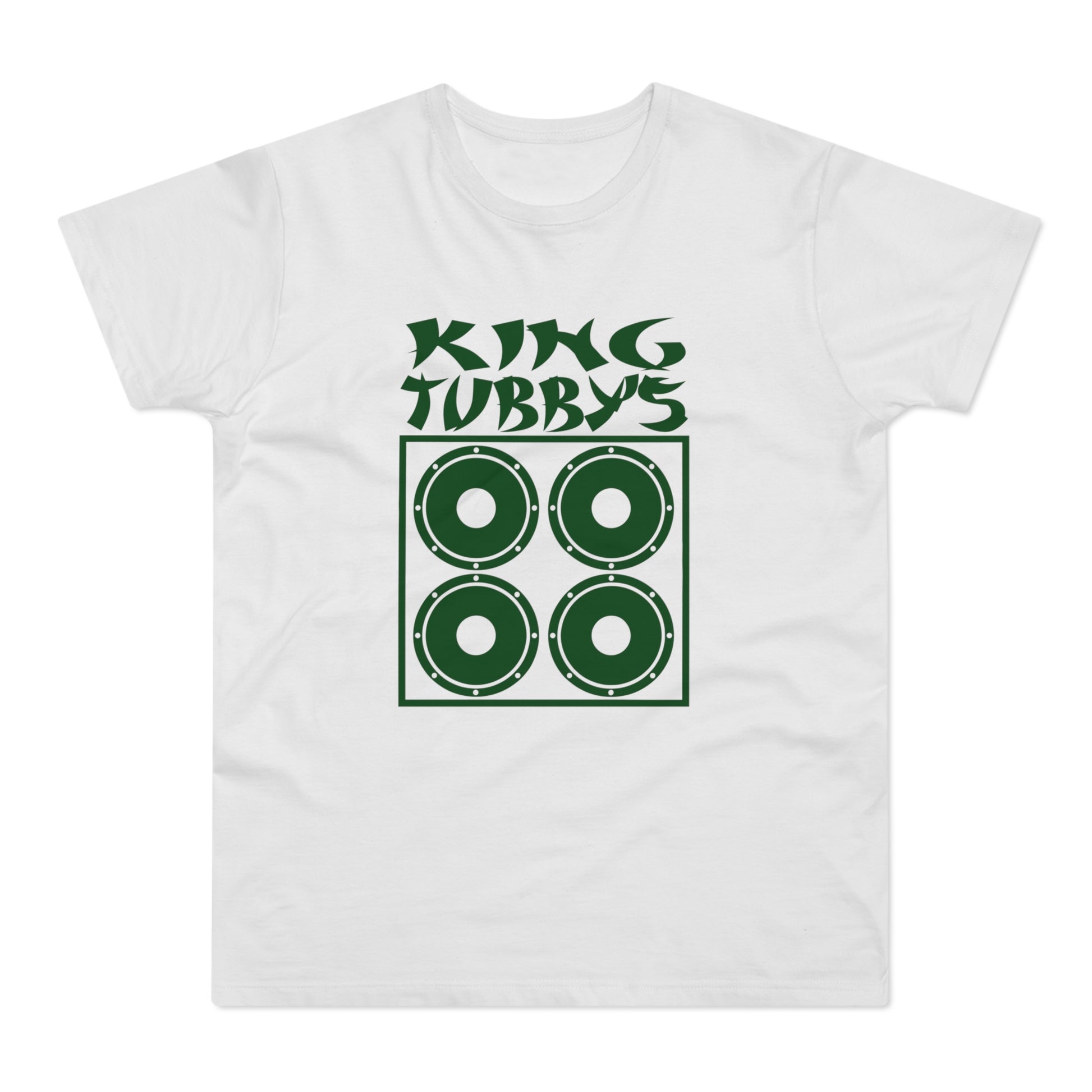 White t-shirt with green text "King Tubbys" and four speaker icons.