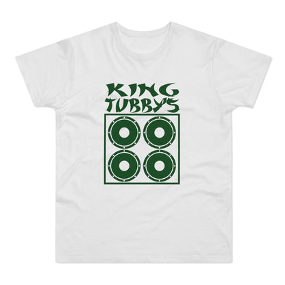 White t-shirt with green text "King Tubbys" and four speaker icons.