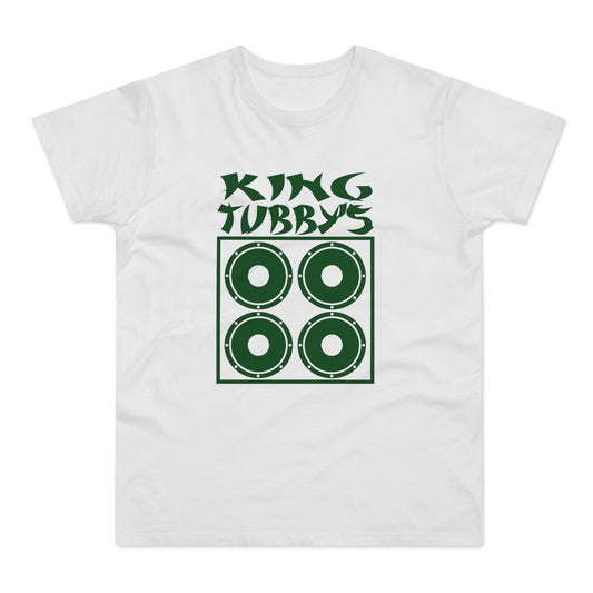 White t-shirt with green text "King Tubbys" and four speaker icons.