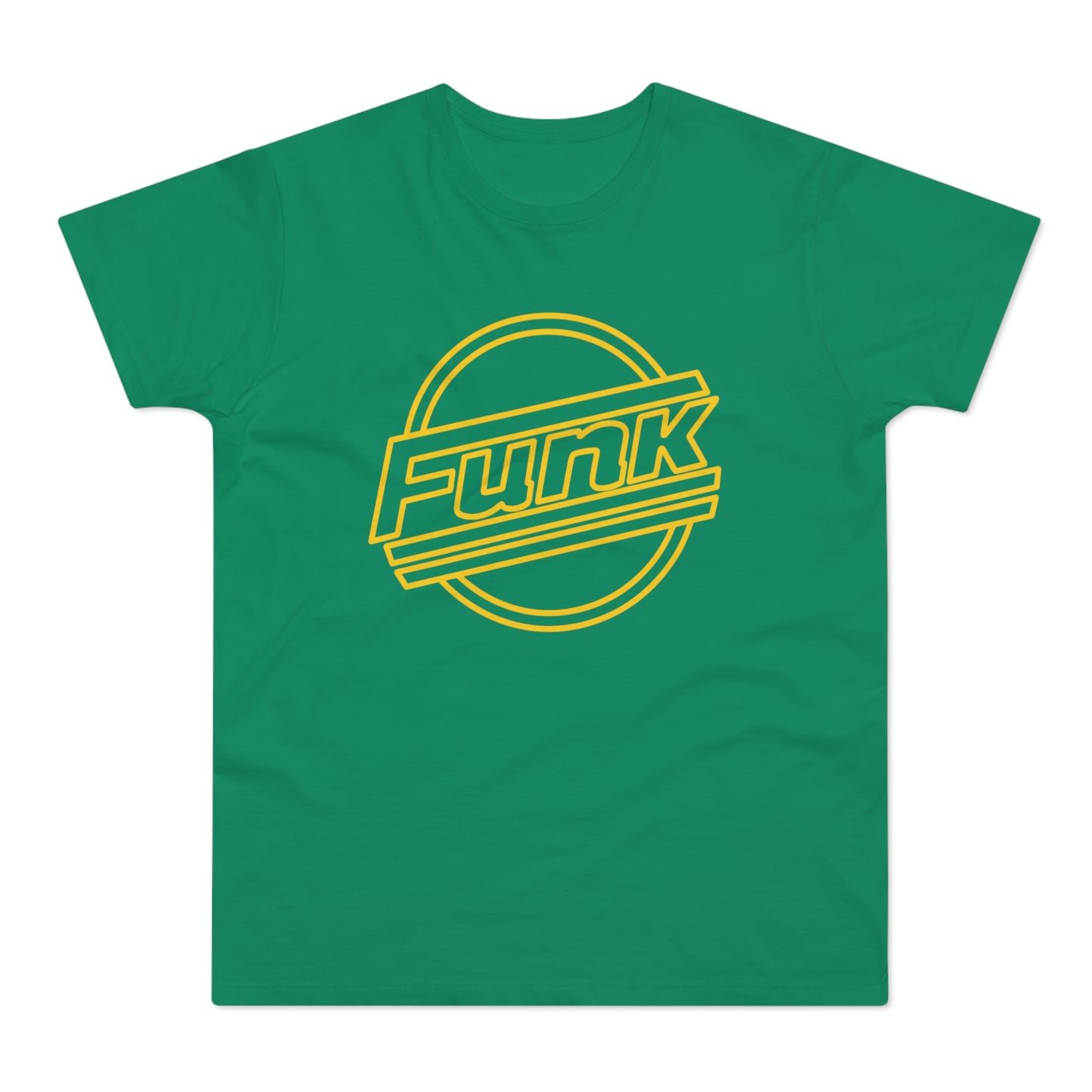 Green t-shirt with yellow "Funk" text inside a circular graphic.