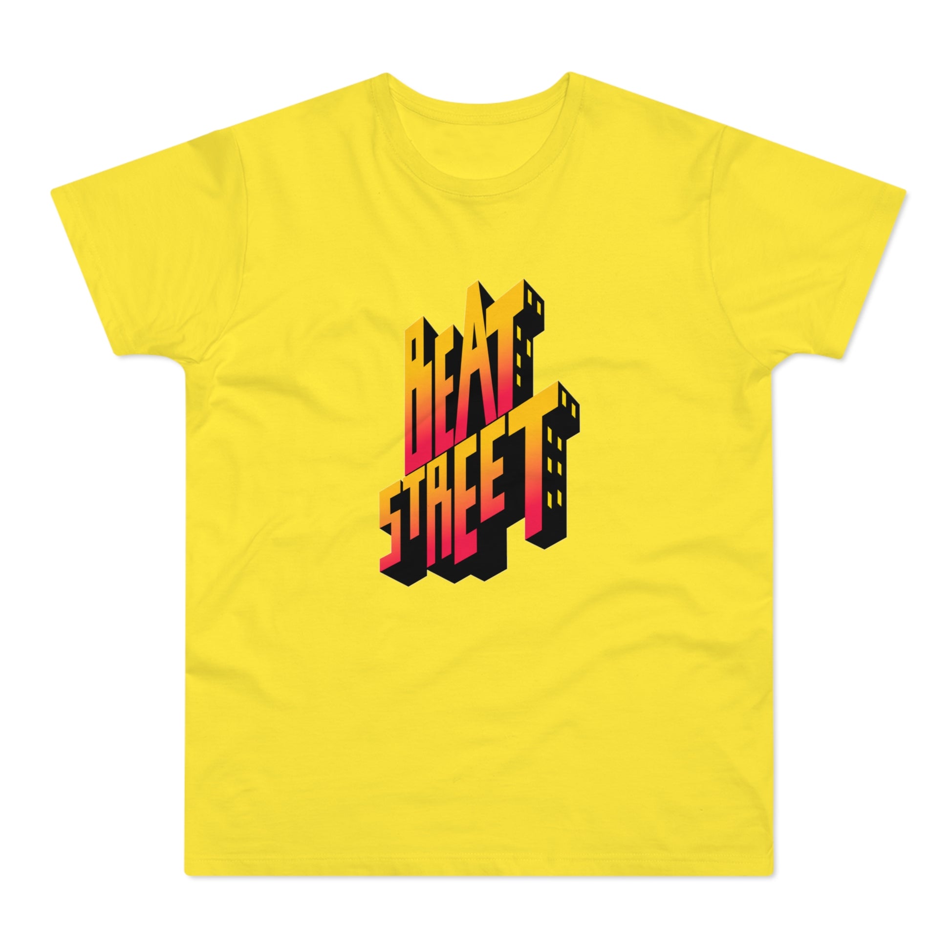 Yellow t-shirt with 3D "Beat Street" text in ombre red and yellow.