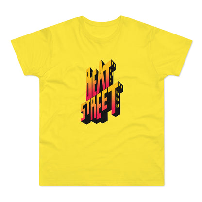 Yellow t-shirt with 3D "Beat Street" text in ombre red and yellow.