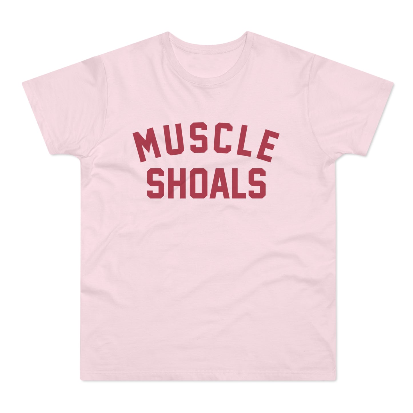 Pink t-shirt with dark red "MUSCLE SHOALS" lettering.