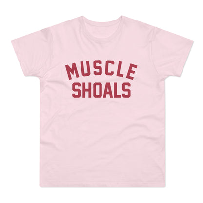 Pink t-shirt with dark red "MUSCLE SHOALS" lettering.