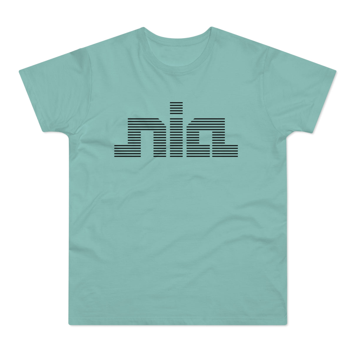 Teal t-shirt with black horizontal line text "nia" logo.