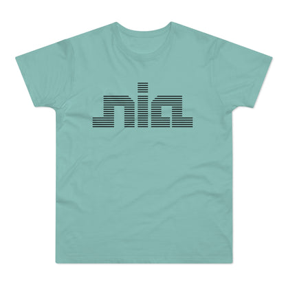 Teal t-shirt with black horizontal line text "nia" logo.