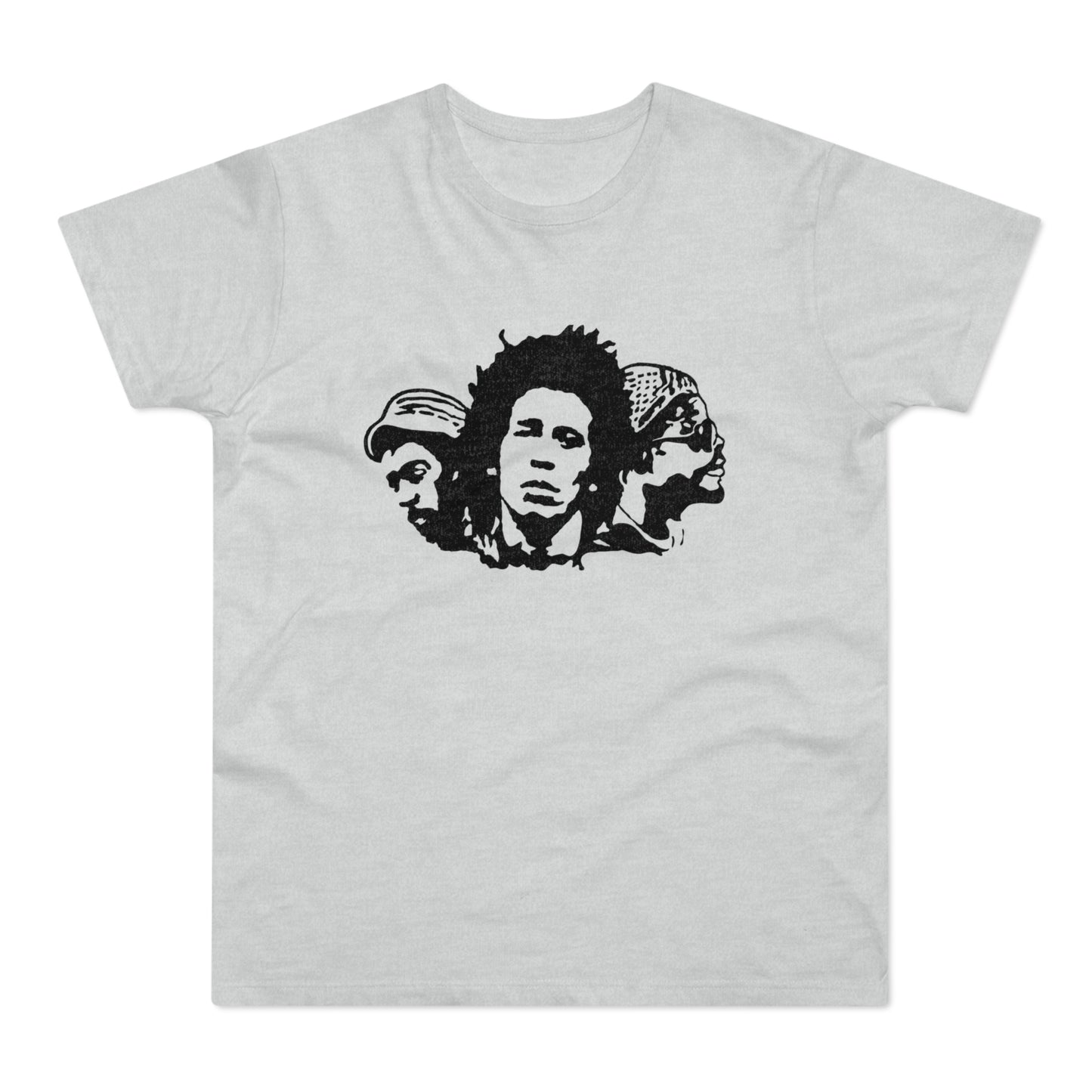 Black and white graphic of three faces on a grey t-shirt.