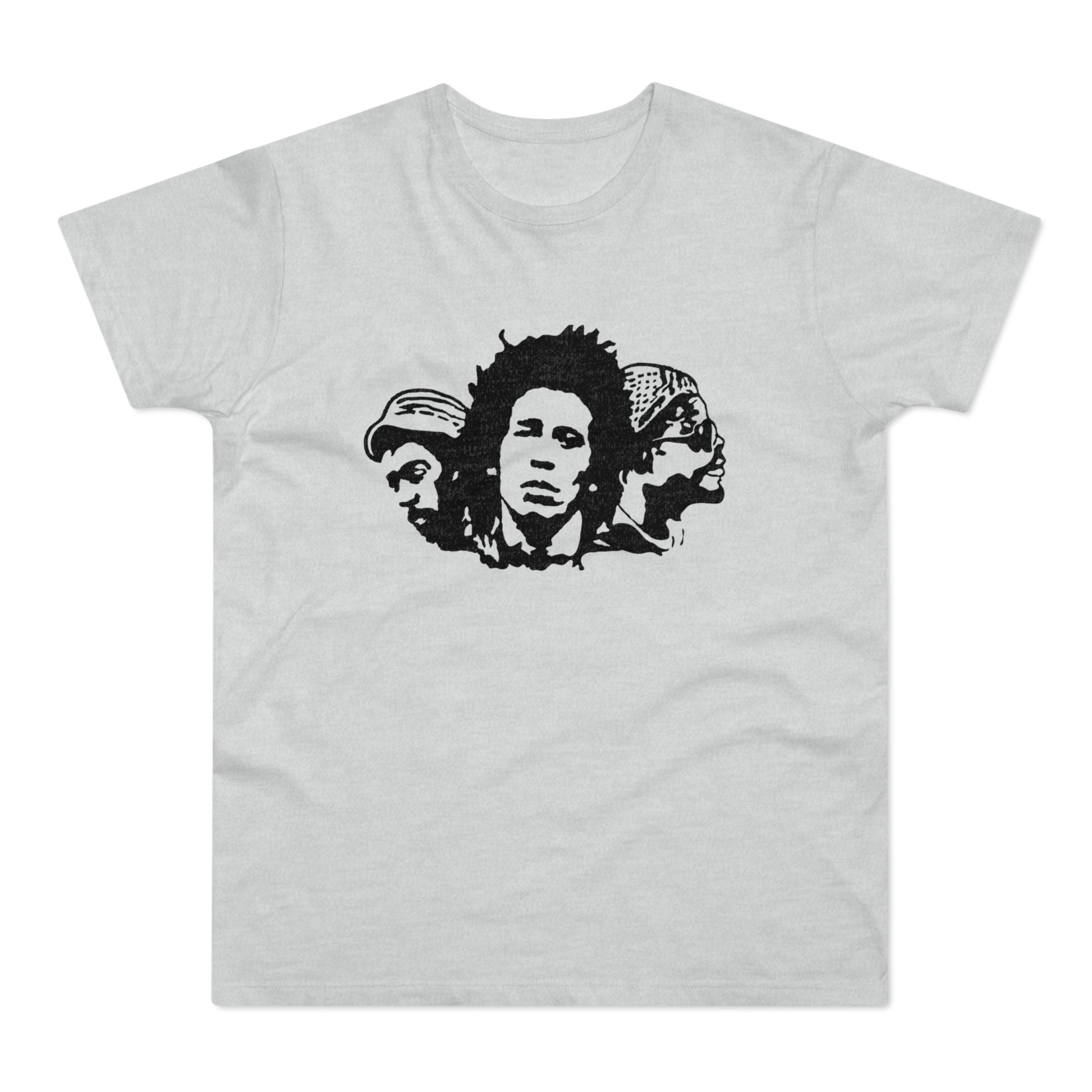 Black and white graphic of three faces on a grey t-shirt.